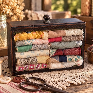 May include: A rectangular black wooden box with a small knob on top, containing several folded strips of multi-colored patterned fabric. The box is positioned on a surface with sewing supplies including a wooden spool, buttons, and scissors.