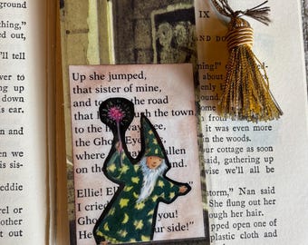 Retro Halloween Bookmark, Reclaimed Paper, With Tassel, Laminated, kids Costume, Children Theme, OOAK, Back to School