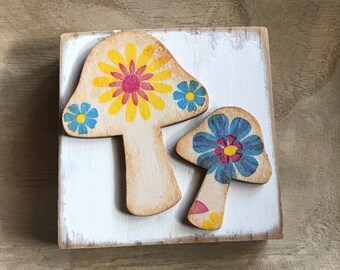 Mushroom miniature Decor, Farmhouse Wood Block Tiered Tray, Bright Floral Mushroom, Distressed