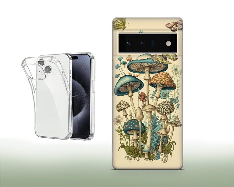 Peut inclure: Une coque de t&eacute;l&eacute;phone transparente avec un t&eacute;l&eacute;phone noir &agrave; l'int&eacute;rieur. La coque de t&eacute;l&eacute;phone a un motif de champignons et de papillons sur un fond beige.