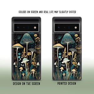 Peut inclure: Une coque de t&eacute;l&eacute;phone noire avec un motif de champignons et de fleurs dans des tons de vert, or et bleu.
