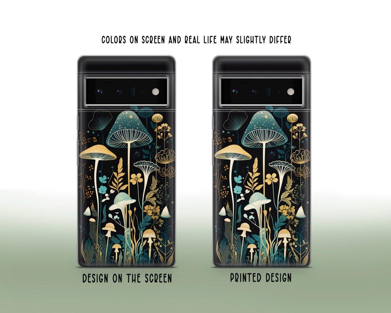 Peut inclure: Une coque de t&eacute;l&eacute;phone noire avec un motif de champignons et de fleurs dans des tons de vert, or et bleu.