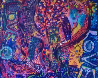 May include: Abstract painting with vibrant colors, including purple, blue, red, yellow, and green. The painting features a central figure with a tree-like shape and the words "Present" and "Love" written in the lower right corner.