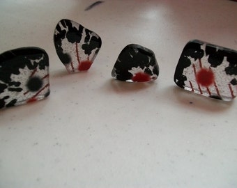 Miniature Fused Glass Sculpture Set: Black, Red, and Clear Art Glass