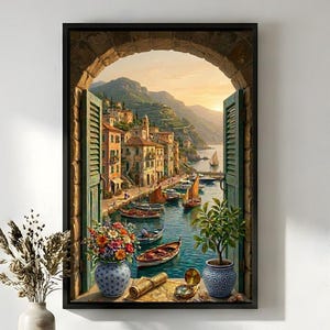 May include: A framed artwork depicting a coastal Italian town scene, with boats and buildings visible through an arched window. The artwork is displayed above a black metal console table, with a vase of dried flowers and a potted plant on either side. A woven rug lies on the floor.
