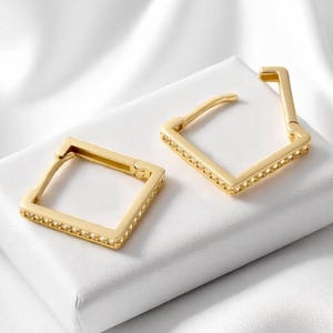 14k Solid Gold Square Huggie Earrings, Dainty Geometric Hoop with Sparkling Crystals, Minimalist Everyday Jewelry Gift for Her