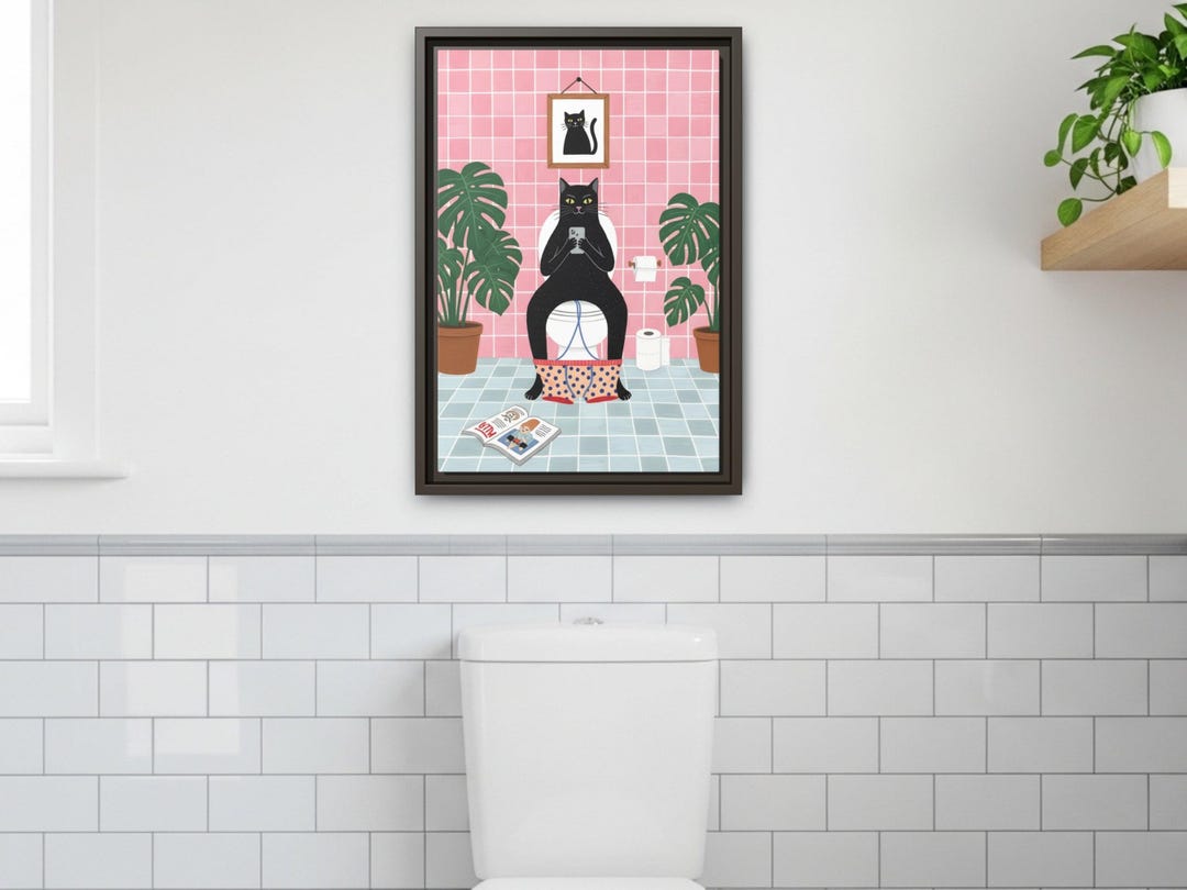 Black Cat on Toilet Canvas Funny Bathroom Wall Art Maximalist Funky ...
