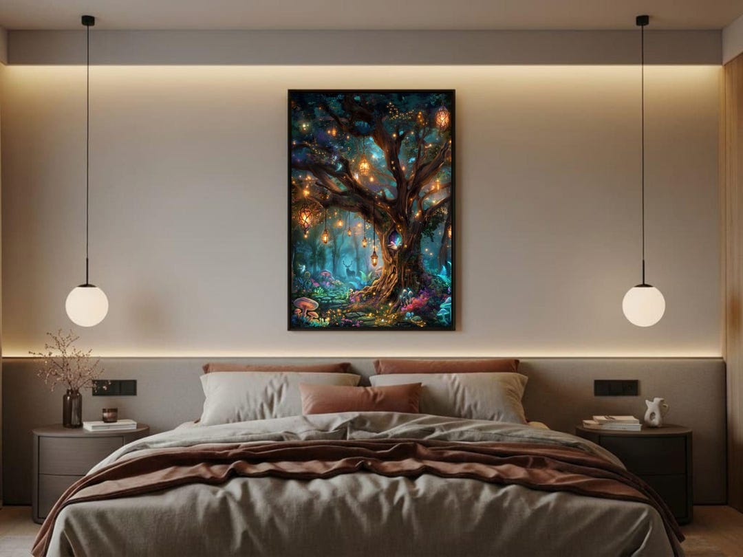 Magical Forest Wall Art: Enchanted Lantern Tree Mystical Fantasy Canvas ...