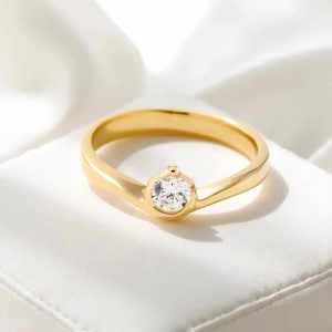 Minimalist Gold Solitaire Ring with Bezel Set Zirconia – Modern Engagement Gift for Women, 14K Style
