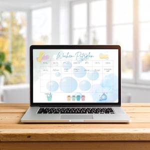 May include: A laptop displaying a cleaning schedule titled "Wochen Putzplan" in a light blue and white design. The schedule includes illustrations of cleaning supplies and bubbles, set against a blurred background of a window and greenery.