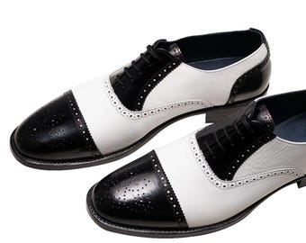 Herenschoenen van zwart-wit met neuskap, gemaakt van Oxford-leer | Formele schoenen met Goodyear-randafwerking