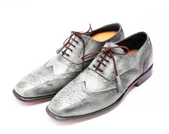 Handmade Leather Oxford Brogue Shoes: Grey Wingtip Dress Shoes For Men Personalised Gift