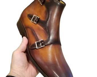 Handmade Leather Monk Strap Boots: High Ankle Cap Toe, Formal Office