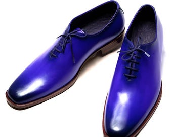 Handmade Blue Leather Oxford Shoes: Classic Men's Dress Footwear