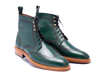 Handmade Green Leather Wingtip Ankle Boots, Men's Formal Dress Boots Handmade Green Leather Wingtip Ankle Boots, Men's Formal Dress Boots
