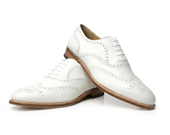 Handmade White Leather Wingtip Oxford Shoes: Mens Dress Shoes