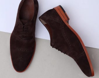 Chaussures richelieu en daim marron foncé faites main, chaussures habillées en cuir passepoilées Goodyear, cadeau personnalisé