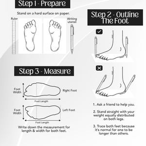 May include: Diagram illustrating how to measure feet for shoe sizing. The steps include preparing, outlining the foot, and measuring foot length and width. Includes a ruler and writing utensil for accurate measurements. Text instructions are provided.