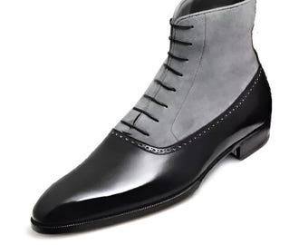 Handmade Two Tone Leather Ankle Boots: Suede Lace Up Dress Boots