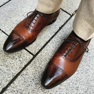 New Handmade Men&#39;s Dark Brown Leather Oxford Brogue Lace Up Cap-Toe Dress Shoes, Leather Dress Shoes, Wedding Shoes For Men, Gift For him