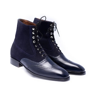 Handmade Men&#39;s Leather & Suede Navy Blue Wingtip Lace Up Shoes, Dress Ankle Boots, Formal Cap Toe Boots, Office Boots For Men, Gift For Him