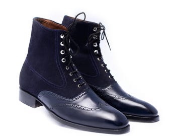 Handmade Leather Wingtip Boots: Men's Navy Suede Ankle Boots For Men Personalised Gift