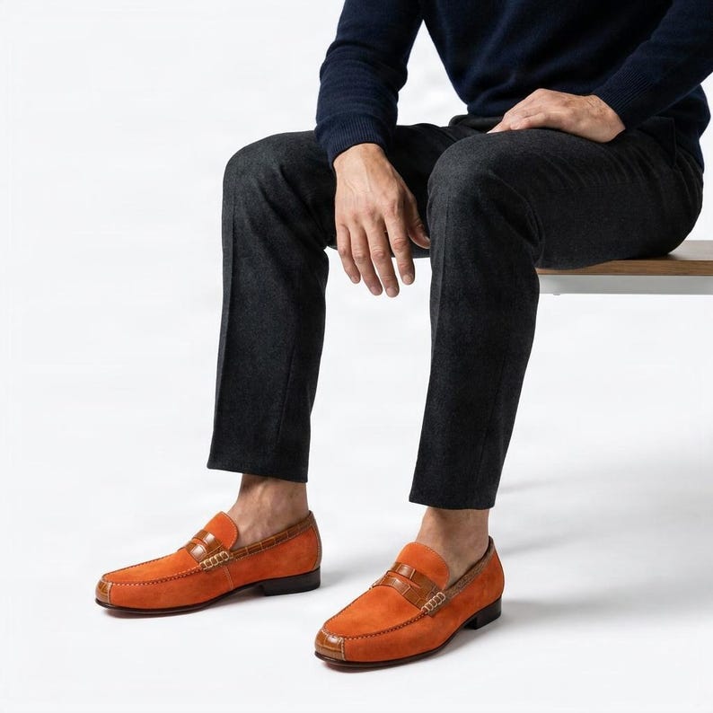 Handmade Orange Suede Loafers: Men's Leather Moccasin Dress Shoes image 3