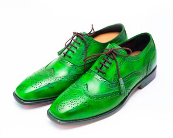 Handgemaakte leren groene vleugeltip brogue Oxford-schoenen voor heren Gepersonaliseerd cadeau