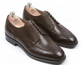 Zapatos Derby de cuero marrón oscuro hechos a mano: Oxfords casuales con cordones para hombre, regalo personalizado.