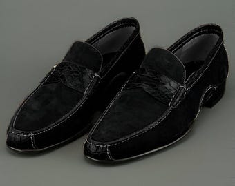Handmade Suede Leather Loafers   Black Slip On Dress Shoes, Personalized Gift
