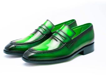 Men's Green Leather Moccasin Loafers: Handmade, Goodyear Welted Footwear