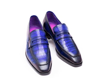 Handmade Leather Blue Loafers: Men's Slip On Dress Shoes For Men Personalised Gift