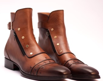 Men's Brown Leather Ankle Boots: Side Zipper Cap Toe Dress Footwear