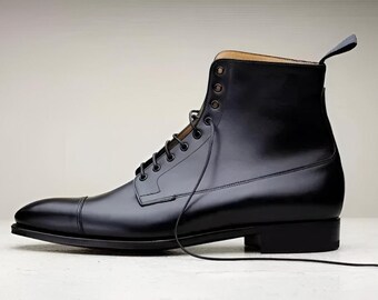 Handmade Cap Toe Leather Boots, Derby Lace Up Ankle Footwear