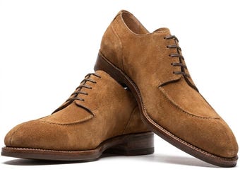 Handmade Suede Leather Oxford Shoes: Brown Lace Up Derby Dress Footwear