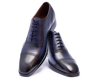 Handmade Leather Cap Toe Oxford Shoes   Navy Blue Dress Shoes For Men Personalised Gift