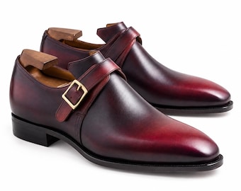Handmade Burgundy Leather Monk Strap Shoes: Men's Dress Loafers For Men Personalised Gift