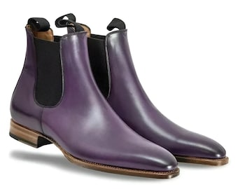 Handmade Purple Leather Chelsea Boots, Goodyear Welted Dress Ankle Boot For Men