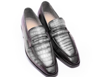 Handmade Gray Leather Loafers: Men's Dress Slip On Shoes For Men Personalised Gift