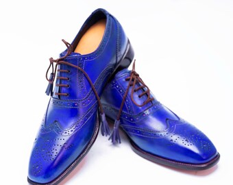 Handmade Leather Blue Oxford Brogue Wingtip Dress Shoes For Men Personalised Gift