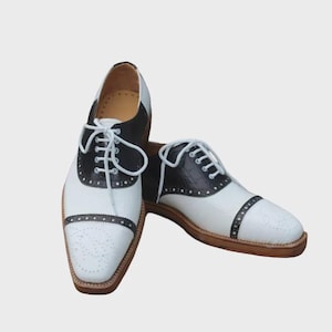 Handmade Mens White & Black Leather Oxford Cap Toe Brogue Lace Up Dress Shoe Men, Oxford Shoes, Office Shoes, Dress Shoes, Gift For him