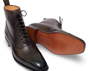 Handmade Cap Toe Brown Leather Ankle Lace Up Formal Dress Office Boots For Men Personalised Gift