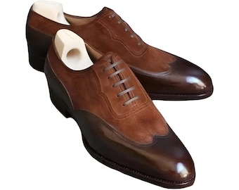 Handmade Suede & Leather Wingtip Oxford Shoes   Formal Office Style For Men Personalised Gift