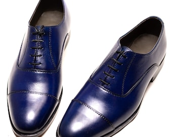 Handmade Navy Blue Leather Cap Toe Oxford Dress Shoes Men