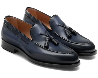 Handmade Navy Blue Leather Tassel Loafers, Goodyear Welted Dress Shoes