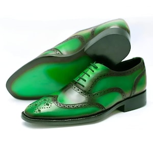 Handgefertigte Herren Oxford Leder Zwei Ton Grün Flügelspitze Brogue Abendschuhe Hochzeitsschuhe Oxford Schuhe, Büroschuhe, Anzugschuhe, Geschenk für ihn
