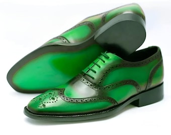 Handgemaakte tweekleurige groene leren Oxford brogueschoenen: vleugeltip geklede herenschoenen