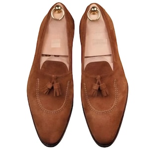 Handmade Brown Suede Formal Slip Ons Tassels Moccasins Dress Party Shoes For Men, Slip On Shoes, Dress Shoes, Moccasin, Loafers For Men