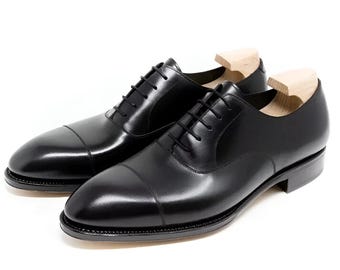 Handmade Goodyear Welted Black Leather Oxford Shoes: Formal Dress, Personalized Gift