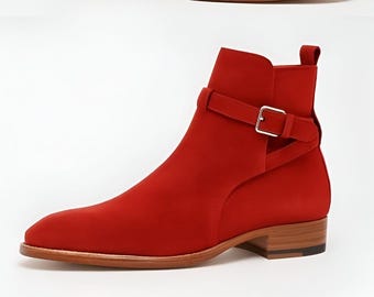 Botas Jodhpur de ante rojo hechas a mano: calzado de cuero para hombre hasta el tobillo.